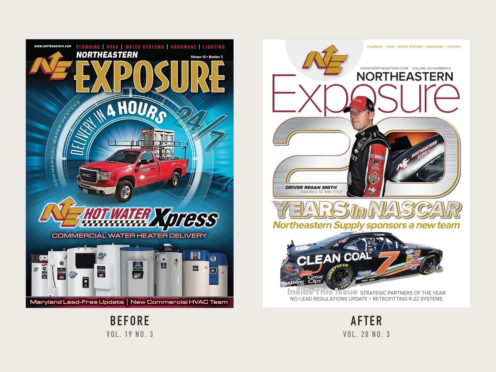 Two Northeastern Exposure magazine covers side by side. Before: a dark cover with a red truck. After: a white cover with a race car driver.